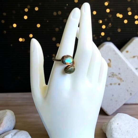 Boho Vintage Labradorite Ring Adjustable Open Wrap Handmade Copper Finishβ - Picture 3 of 11
